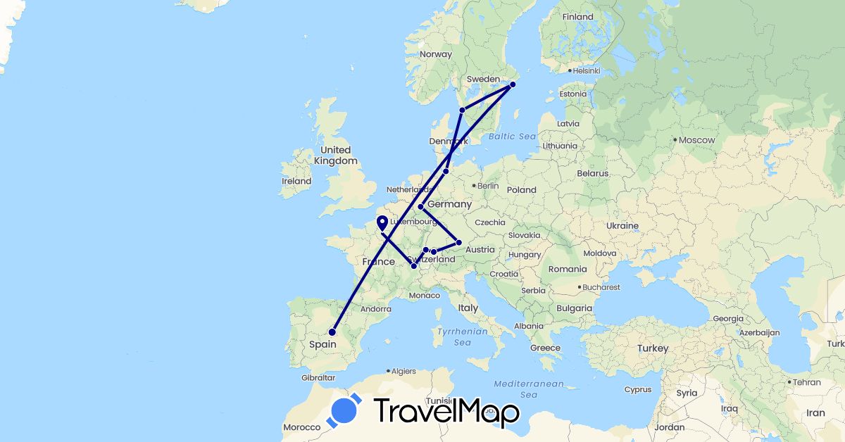 TravelMap itinerary: driving in Switzerland, Germany, Spain, France, Sweden (Europe)
